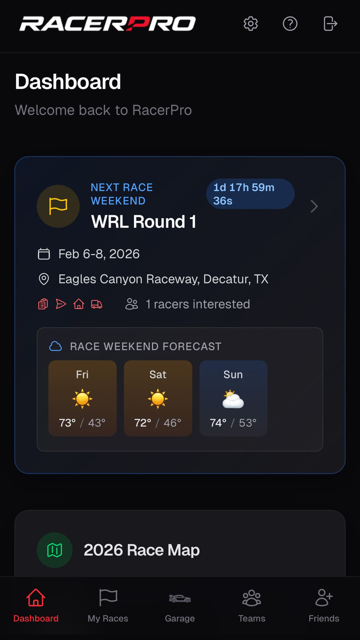 RacerPro Dashboard showing upcoming events and season overview
