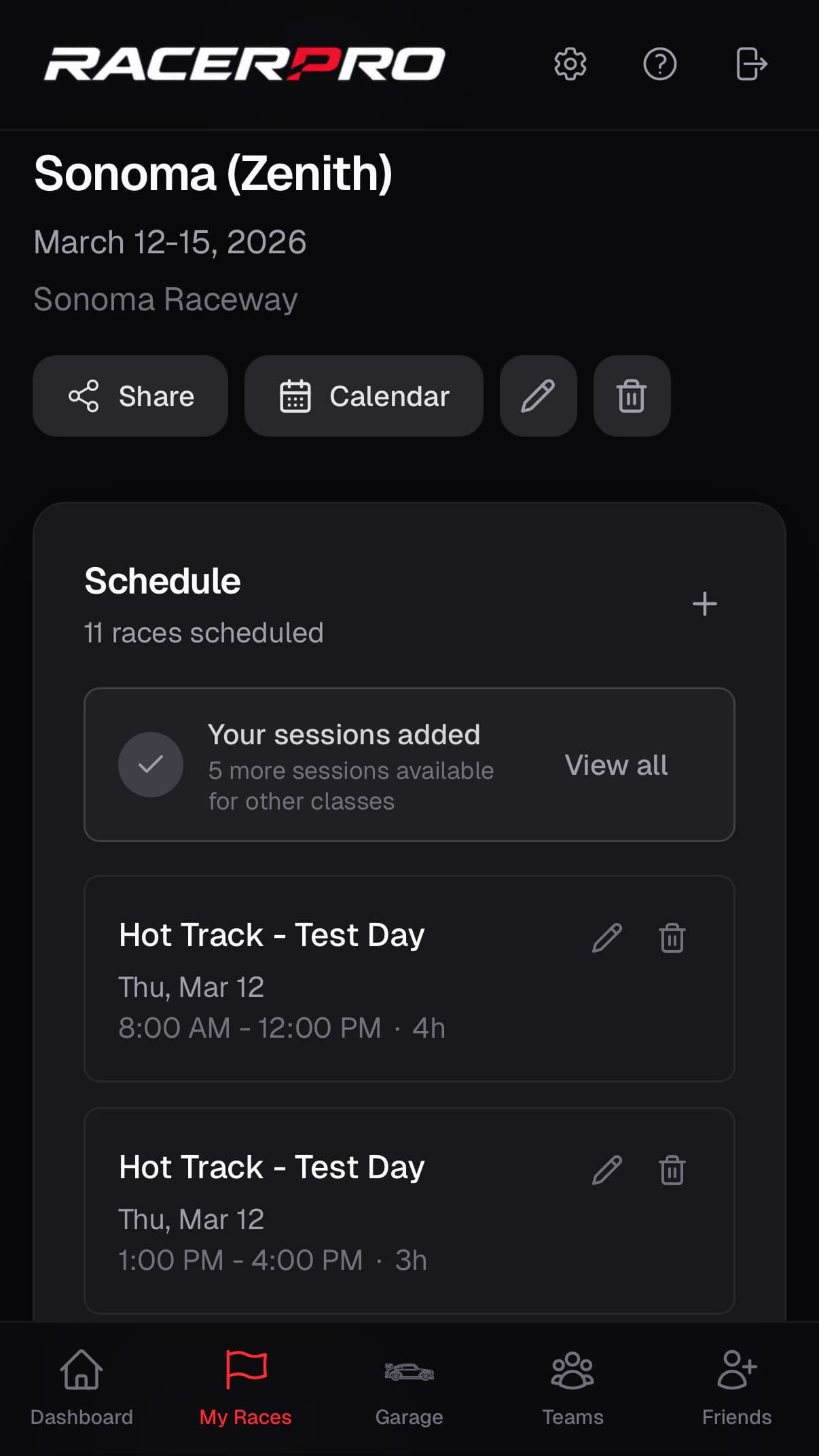 RacerPro Sessions view with practice, qualifying, and race sessions